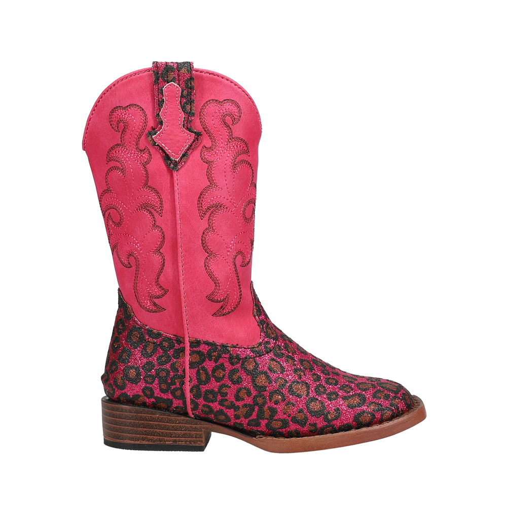 Roper Girls Wild Cat Embroidered Glitter Leopard Square Toe Cowboy Mid Ca